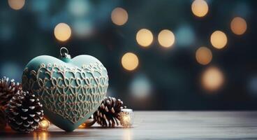 ai gegenereerd Kerstmis hart ornament Aan tafel met pijnboom kegels in achtergrond en bokeh lucht foto