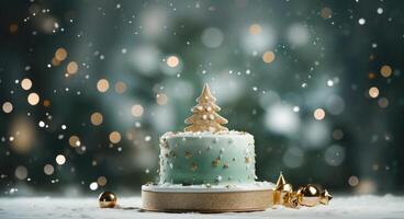 ai gegenereerd Kerstmis bruiloft taart met boom en sneeuwvlokken in de achtergrond foto