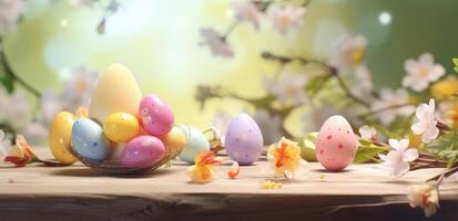 ai gegenereerd gekleurde Pasen eieren in een houten tafel en voorjaar bloesems foto