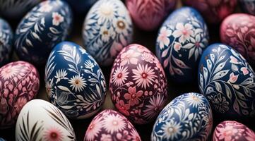 ai gegenereerd honderden van geschilderd Pasen eieren bekleed omhoog, achtergrond afbeelding foto