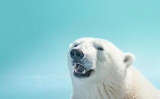 ai gegenereerd gelukkig wit polair beer portret geconfronteerd een blauw schaduw foto