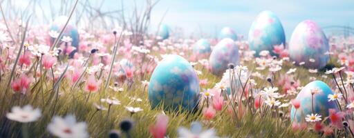 ai gegenereerd Pasen eieren zijn in de gras Aan een helder achtergrond foto