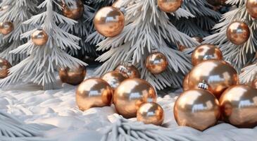 ai gegenereerd vlaag van Kerstmis ornament ballen in besneeuwd pijnboom takken foto