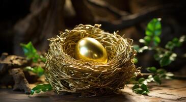 ai gegenereerd gouden ei is nest in de vogel nest Aan een log foto