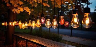 ai gegenereerd buitenshuis verlichting armaturen met gekleurde licht bollen foto