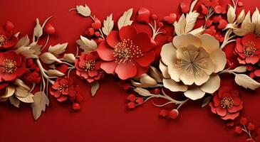 ai gegenereerd rood en goud Chinese papier bloemen achtergrond achtergrond patroon foto