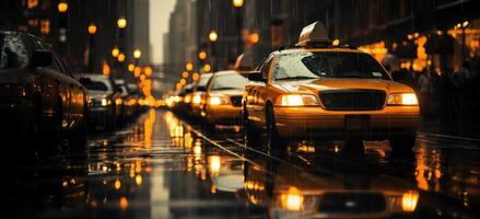 ai gegenereerd veel taxi taxi's geparkeerd in een donker nat stad straat foto