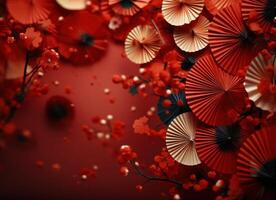 ai gegenereerd rood muur gevulde met papier fans en andere Chinese decoraties foto