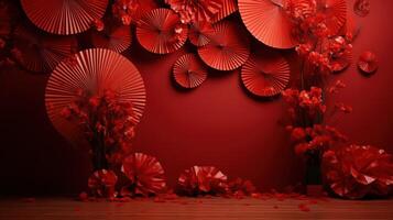 ai gegenereerd rood muur gevulde met papier fans en andere Chinese decoraties foto