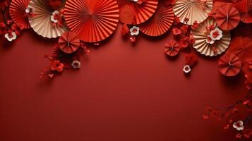 ai gegenereerd rood muur gevulde met papier fans en andere Chinese decoraties foto