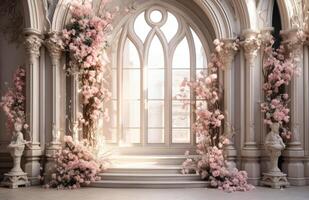 ai gegenereerd de hoofd een deel van de bruiloft stadium is versierd gebruik makend van roze bloemen foto