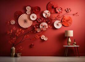 ai gegenereerd rood muur gevulde met papier fans en andere Chinese decoraties foto