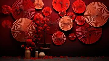 ai gegenereerd rood muur gevulde met papier fans en andere Chinese decoraties foto