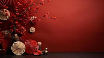 ai gegenereerd rood muur gevulde met papier fans en andere Chinese decoraties foto