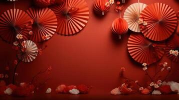 ai gegenereerd rood muur gevulde met papier fans en andere Chinese decoraties foto