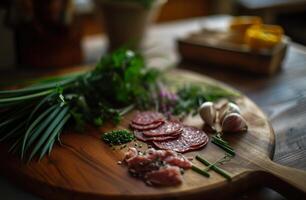 ai gegenereerd salami, bieslook en andere ingrediënten zitten Aan een houten bord, foto