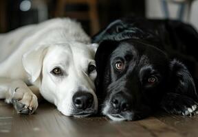 ai gegenereerd wit hond en zwart kat op zoek Bij de camera aan het liegen samen Aan de vloer.ai generatief foto