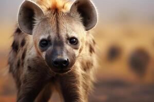 ai gegenereerd dichtbij omhoog van hyena wandelen aan de overkant veld. generatief ai foto