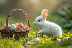 ai gegenereerd gelukkig konijn met Pasen eieren Aan gras feestelijk generatief ai foto