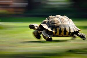 ai gegenereerd een schildpad dat snel loopt in vervagen achtergrond .generatief ai foto