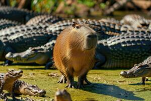ai gegenereerd een capibara tussen krokodillen in de rivier.ai generatief foto