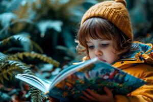 ai gegenereerd schattig kinderen baby lezing boek . onderwijs aan het leren concept. ai generatief foto