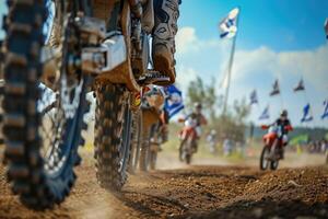 ai gegenereerd motorcross rijder rijden Aan aarde bijhouden detailopname band generatief ai foto