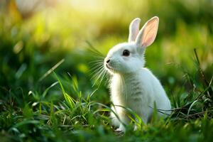 ai gegenereerd een konijn rennen in een veld- van groen gras. generatief ai foto
