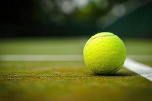 ai gegenereerd tennis bal Aan de lijn rechtbank . generatief ai foto