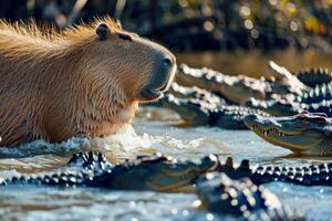 ai gegenereerd een capibara tussen krokodillen in de rivier.ai generatief foto