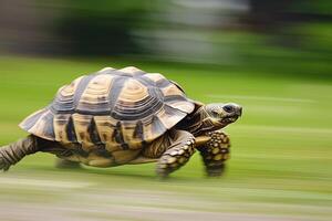 ai gegenereerd een schildpad dat snel loopt in vervagen achtergrond .generatief ai foto