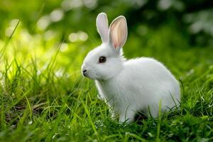 ai gegenereerd een konijn rennen in een veld- van groen gras. generatief ai foto