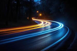 ai gegenereerd kleurrijk licht trails auto met beweging effect. illustratie van hoog snelheid licht effect Aan Woud achtergrond. generatief ai. foto