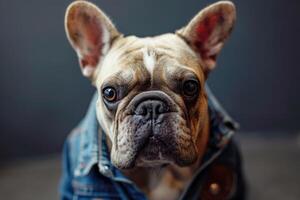 ai gegenereerd bulldog chique Street Style gevoel in een denim jasje foto