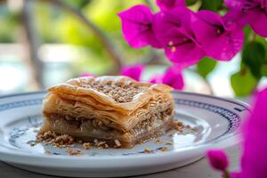 ai gegenereerd middellandse Zee magie baklava Aan een tafel ingelijst door bougainvillea foto