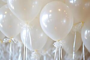 ai gegenereerd elegantie in vlucht wit ballonnen versierd met delicaat lint bogen foto