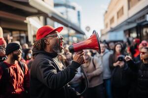 ai gegenereerd zwart Mens spreekt in een megafoon Bij een rally foto