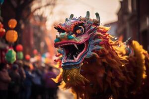 ai gegenereerd een traditioneel Chinese draak dansen de draak dans Bij de Chinese nieuw jaar festival foto