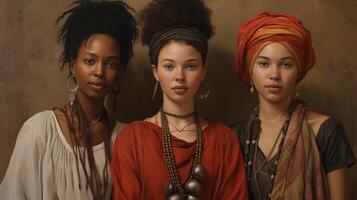 ai gegenereerd portret van drie jong Afrikaanse Amerikaans Dames. zwart geschiedenis maand concept. foto