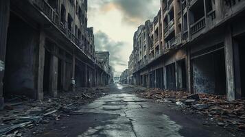 ai gegenereerd straten van een vernietigd stad na de bombardementen, leger operaties foto