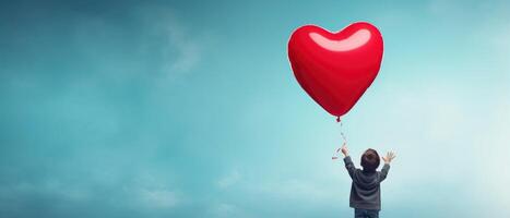 ai gegenereerd terug visie van een kind verhogen armen met rood liefde Valentijn hart vormig ballon tegen lucht achtergrond foto