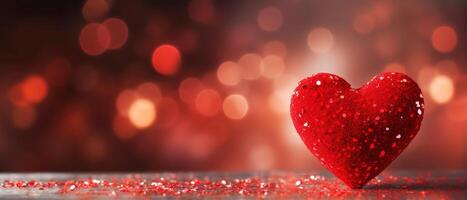 ai gegenereerd rood hart Valentijn dag groet kaart Aan bokeh achtergrond voor web banier verkoop foto