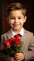 ai gegenereerd een jongen met roos boeket en mooi glimlach voor valentijnsdag concept foto