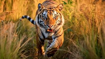 ai gegenereerd een Bengalen tijger wandelen door de dicht gras. foto