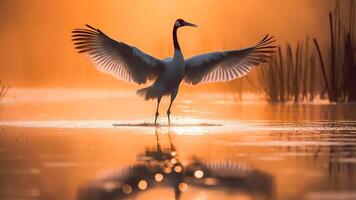 ai gegenereerd een rood gekroond kraan, grus japonensis, met Vleugels uitgestrekt Aan meer. foto