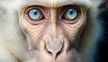 ai gegenereerd detailopname van een albino aap met blauw ogen foto