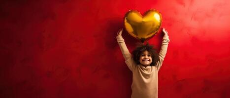 ai gegenereerd voorkant visie van een kind met goud geel hart vormig ballon Aan rood achtergrond foto