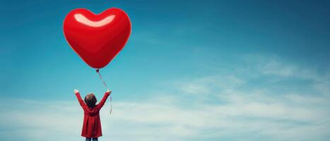 ai gegenereerd terug visie van een kind verhogen armen met rood liefde Valentijn hart vormig ballon tegen lucht achtergrond foto