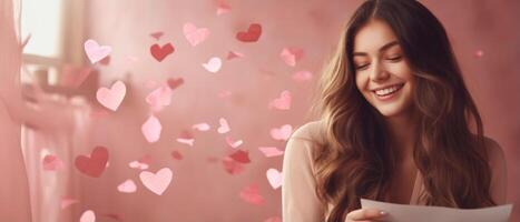 ai gegenereerd opgewonden positief meisje glimlachen en op zoek Bij vallend hart papier in Valentijn dag foto