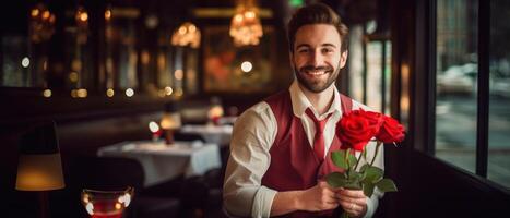 ai gegenereerd knap elegant Mens Holding rood rozen en glimlachen in restaurant, Valentijn concept foto